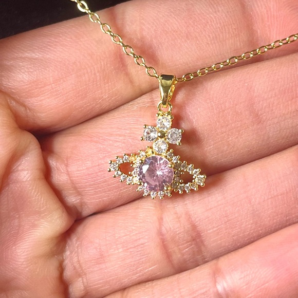 VW inspired small orb with pink stone gold plated necklace - extendable chain - Picture 1 of 3